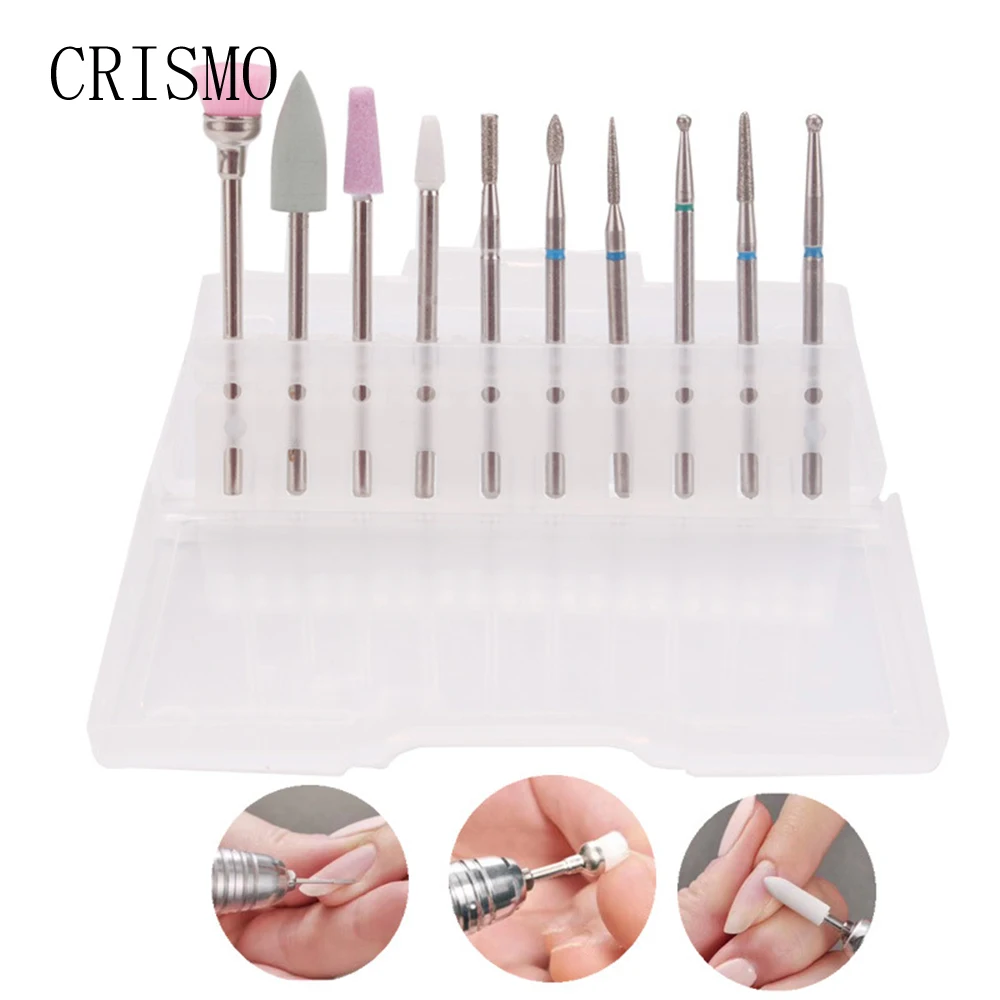 

CRISMO 10 шт. набор алмазных сверл для ногтей, электрические фрезы для педикюра, маникюрные пилки, кутикулы, инструменты для ногтей, аксессуары