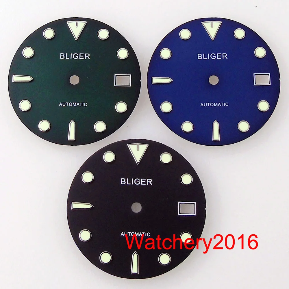 

Циферблат для часов BLIGER NH35A, зеленый светящийся индекс, синий черный цвет, 29 мм