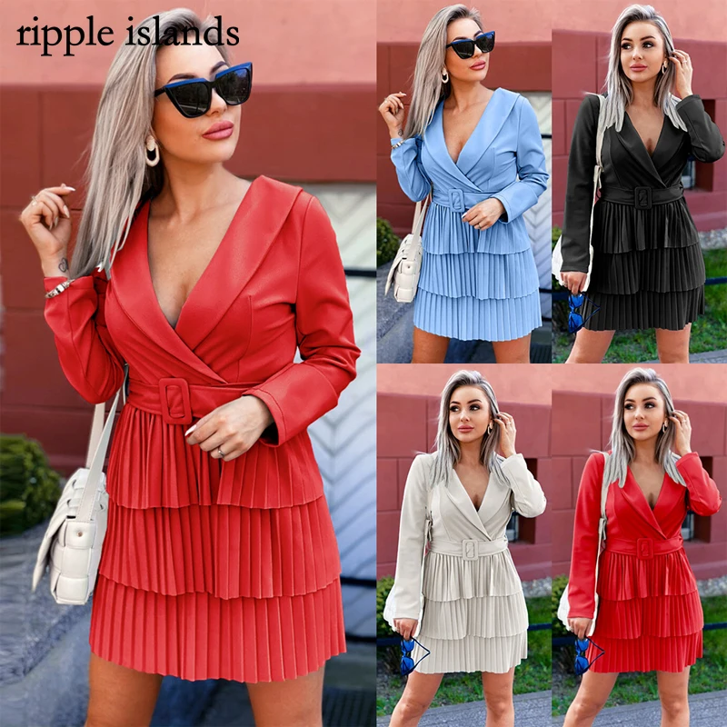 

Ripple Islands-Satin Dress Pleated Mid-Length Suit Jacket Skirt V-Neck Temperament Coat Autumn & Winter Dresses For Women Casual