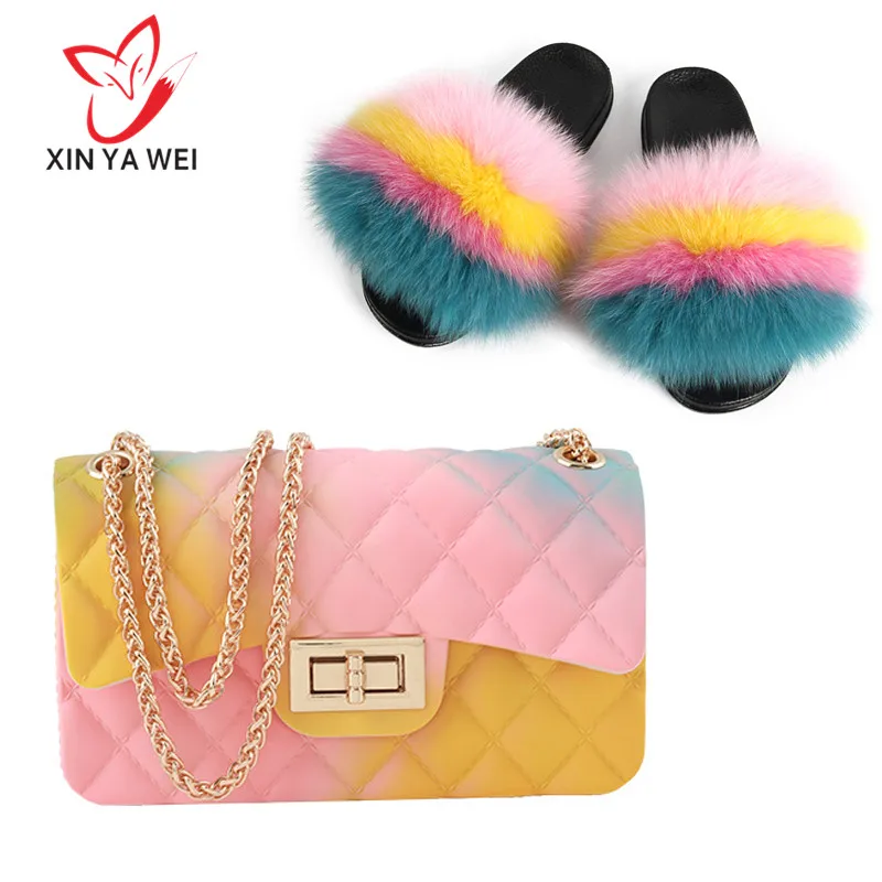 Woman fur slides-flap rainbow handbag colorful jelly shoulder bag shoes women fluffy slippers Pvc candy | Обувь