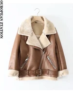 women 2021 fashion with belt fur faux leather oversized jacket coat vintage long sleeve female outerwear chic tops