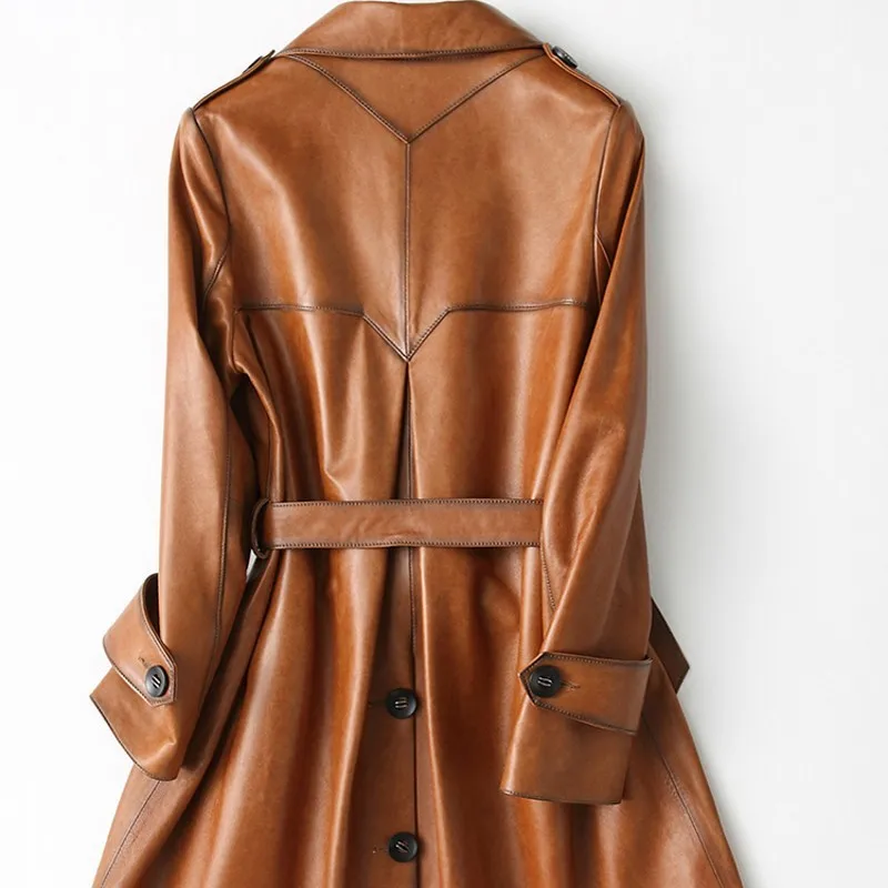 Высококачественные Женские тренчи средней длины из натуральной кожи пальто с