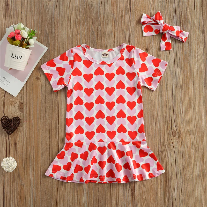 

Valentine's Day 2Pcs Outfit Set Casual Clothes Newborn Baby Kid Girls Headband+Short Sleeve Heart Print Dress Set 1-5Y