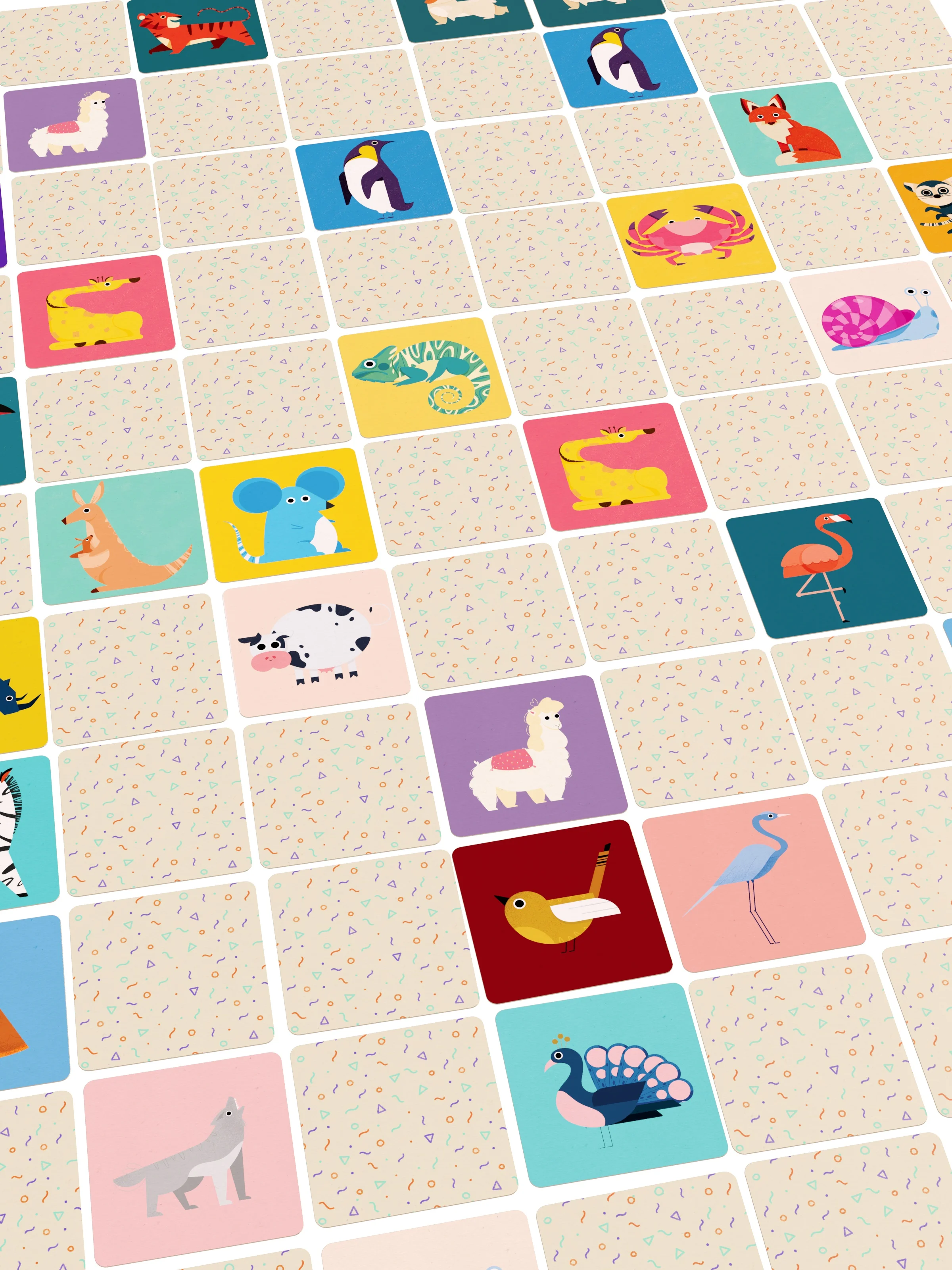 Memory Matching 48 Pairs flashcards Smart Board Game for Kids Age 4+ Grafia.ink Find Cute Zoo Cartoon Animals playing couple-cards in cardboard