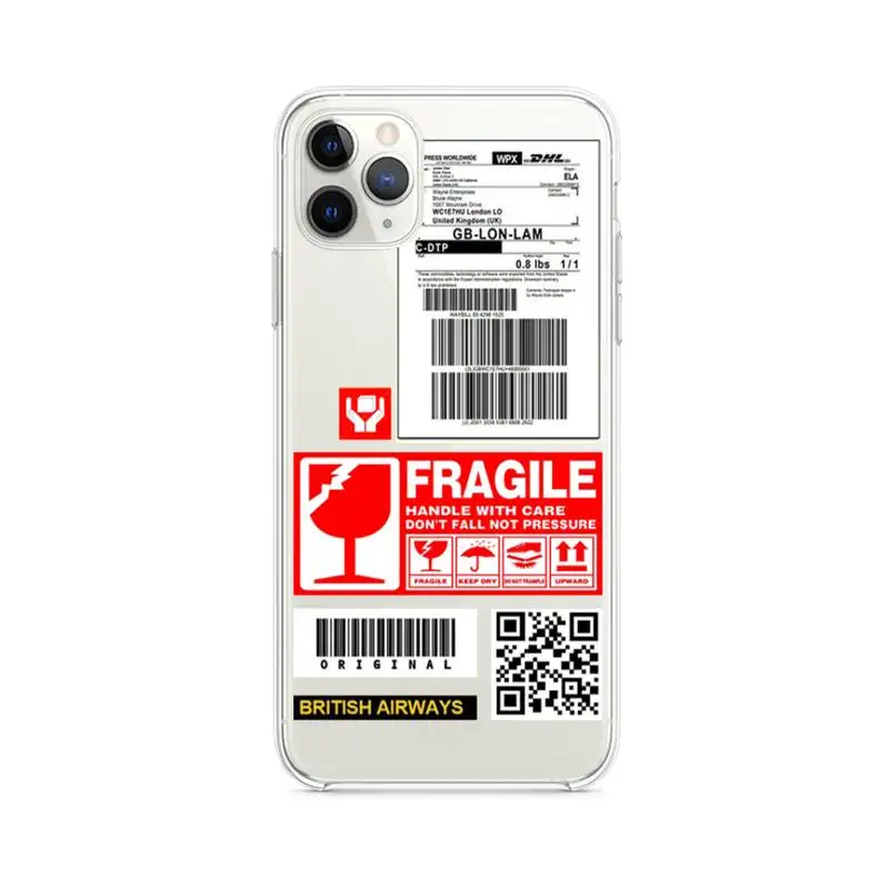 

Brand Warning label fragile QR code Phone Case Clear For iphone 12 11 Pro Max Mini XS Max 8 7 6 6S Plus X 5S SE 2020 XR cover