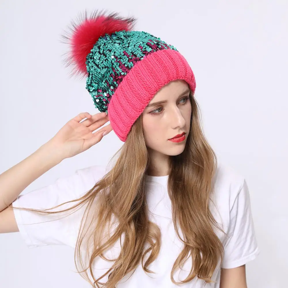 

Janefur New Beanie Pompom Hat Women Winter Bling Sequins Knitted Warm Soft Gorros Female Fashion Cap