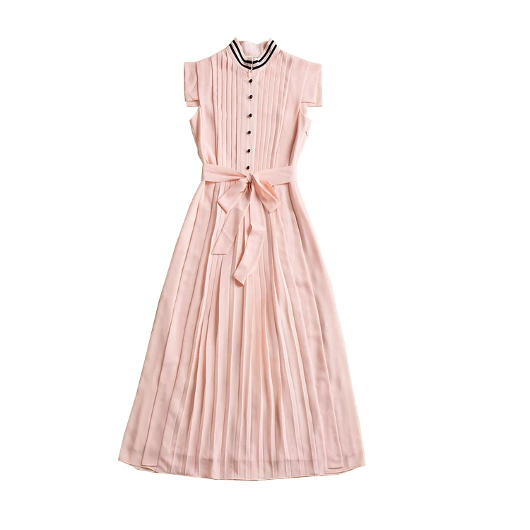 

JCHB 2021 Show style summer new stand collar style sleeveless patchwork slim pleated long skirt A-line dress