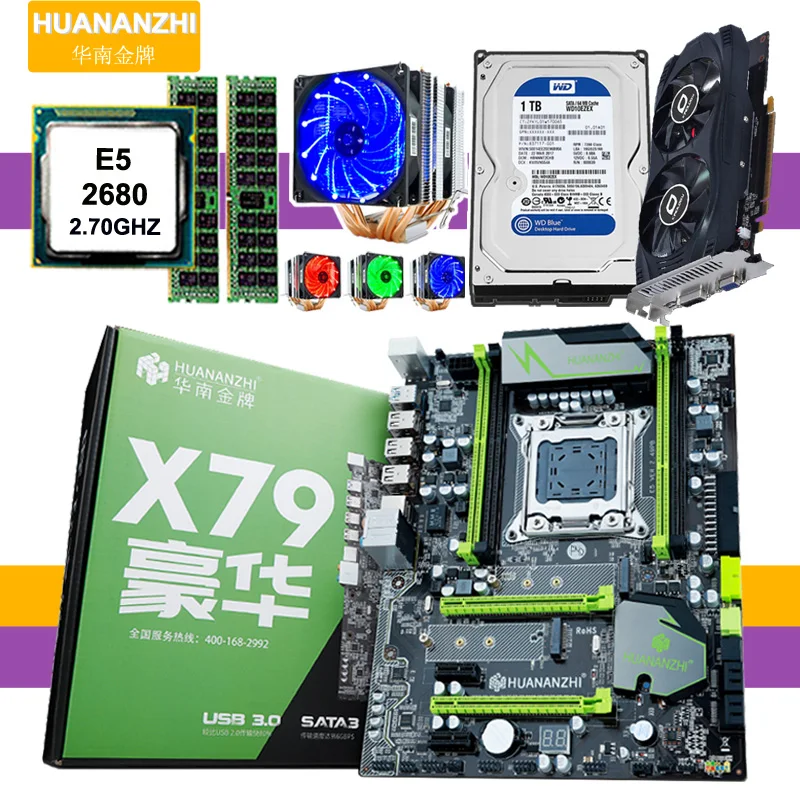 Материнская плата HUANANZHI X79 с двойным слотом M.2 SSD ЦП Xeon E5 2680 6 Трубок кулер 16 Гб ОЗУ 2*8