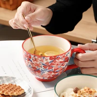 ceramic breakfast cup large capacity microwaveable cute female mug milk coffee tea underglaze flower cup artistic painting mug