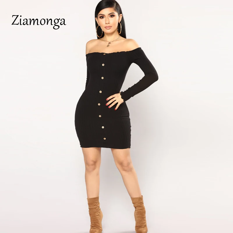 Ziamonga Sweater Dress Long Sleeve Bandage Strapless Off Shoulder Black White Knitted Autumn Winter Soft Sexy | Женская одежда