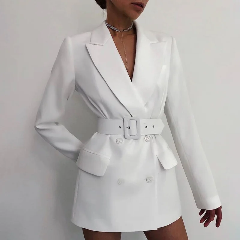 

CP Spring Double Breasted Blazers Women Fashion Office Lady Notched Jackets Women Elegant Tie Belt Pockets Suit Female Ladie