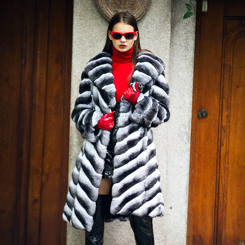 Women Long Real Rex Rabbit Fur Coat Winter 2022 New High Quality Chinchilla Color Genuine Rex Rabbit Fur Coats Outwear Fashion enlarge