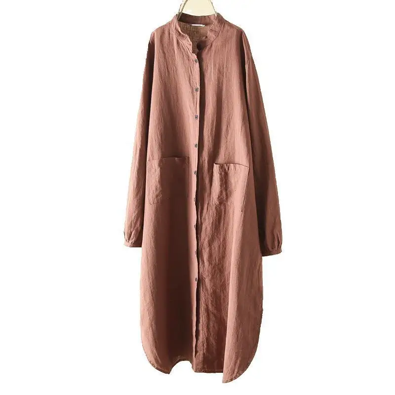 

New Women's Casual retro Solid color Loose Cotton Linen Long plus size Shirt