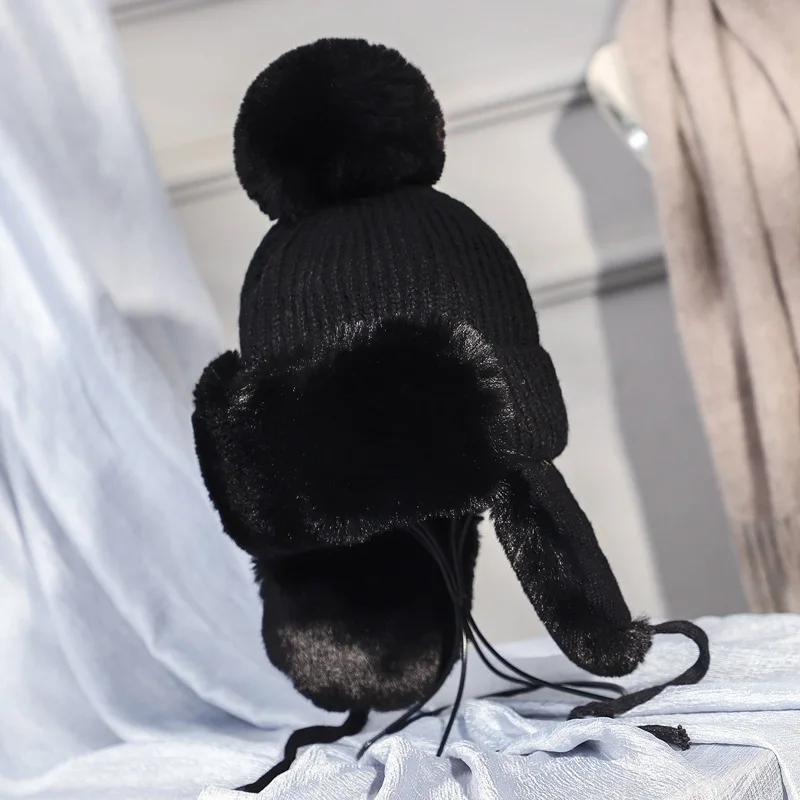 

Autumn Winter Warm Knitting Beanies Bomber Hat Women Earflap Caps Pompom Snow Hats Ski Cap Lady Outdoor Travel Hat