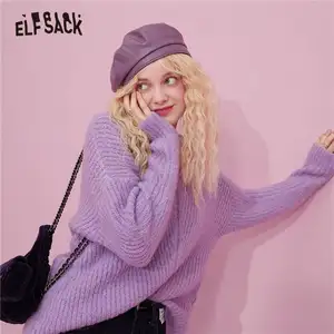 ELFSACK однотонный Повседневный пуловер большого размера с длинным рукавом, вязаный свитер для женщин, осень 2020, винтажные корейские женские базовые Топы на каждый день