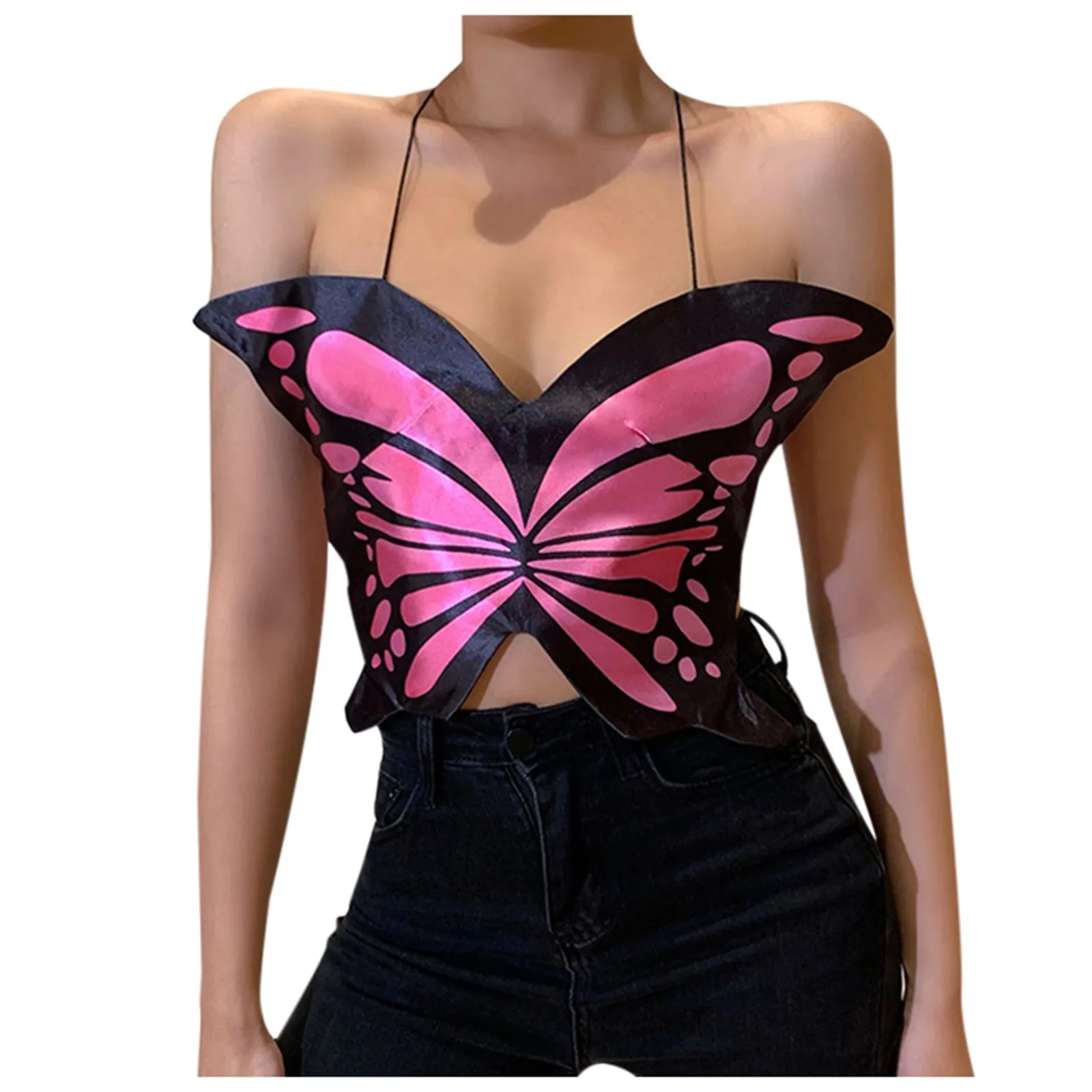 

Sexy Sensual Lingerie Women Underwear Fashion Sexy Backless Top Butterfly Printed Suspender Nightclub Short Top Exotic Costumes
