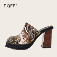 mules women slippers plus big size 44 45 46 47 48 slides platform shoes sexy snake super high block heels square toe green brown