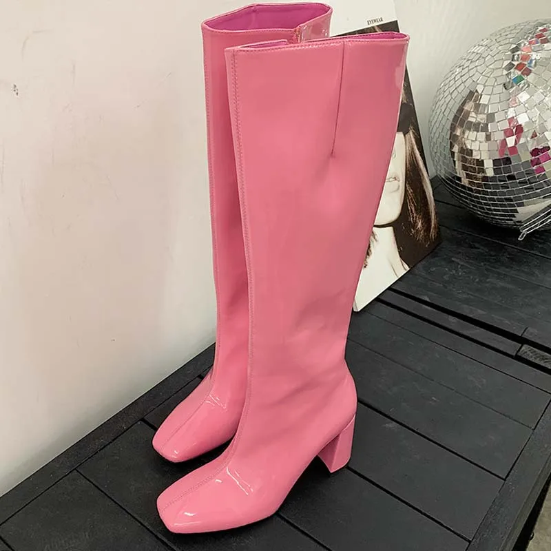 Pink Knee High Boots Women Pointed Toe High Heel Boots Woman Fashion Party Shoes