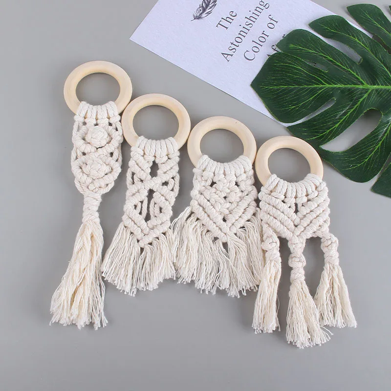 

1Pcs Handmade Tassel Cotton Rope Beech Teether Chewable Baby Molars Wooden Teether Teething Ring Baby Care Products Bite Glue