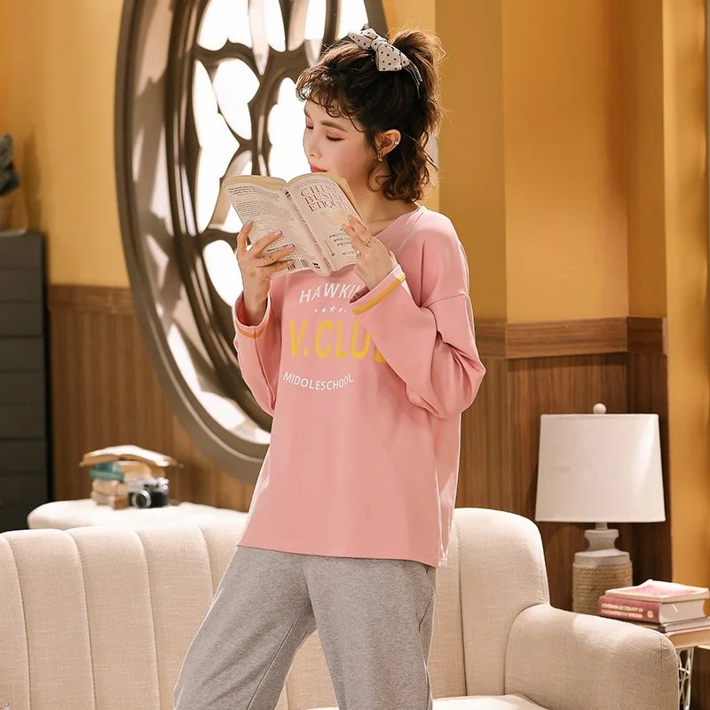 Foply Cartoon 100% Cotton Pajamas for Women Set Pyjamas Sleepwear Nightwear Pijama Mujer Home Wear Plus Size Long Pant Nightsuit