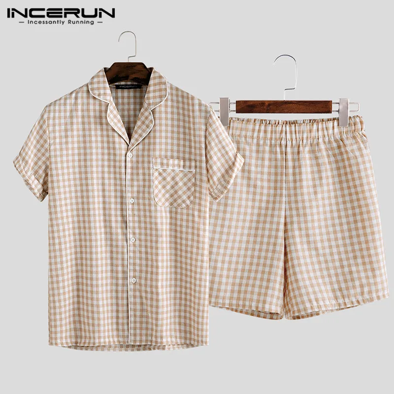

Summer Mens Pajamas Sets Plaid Lapel Cotton Button Short Sleeve Sleepwear Tops Shorts Soft Unisex Pyjamas Suit Homewear INCERUN