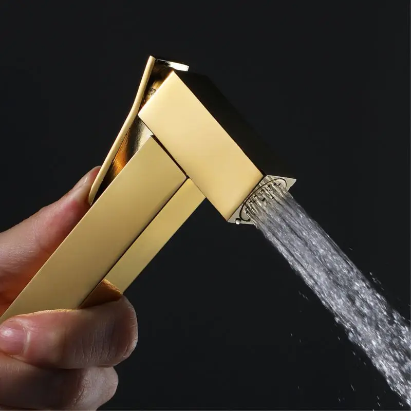 

Shiny Gold Handheld Bidet Sprayer Brass Square Shower Head Douche Fauce Toilet Cleaner for Home Bathroom Cleaning Kit