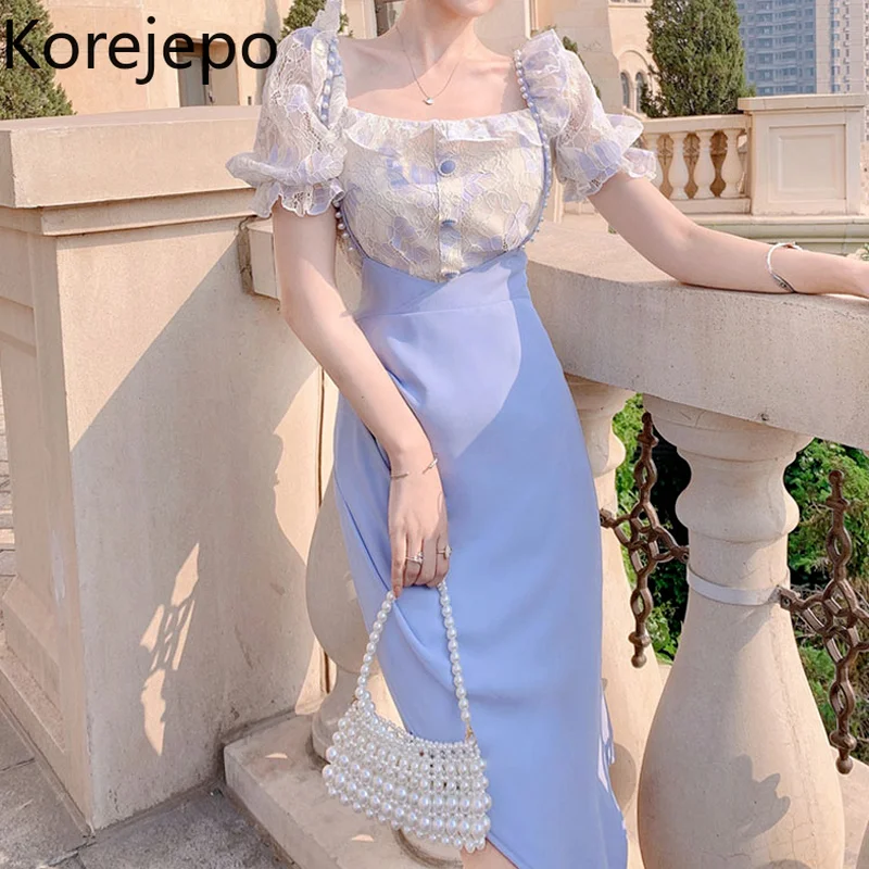 

Korejepo Women Two Piece Set 2021 Summer French Retro Sweet Fairy Floral Lace Top Temperament Waist Suit Suspender Skirt Female
