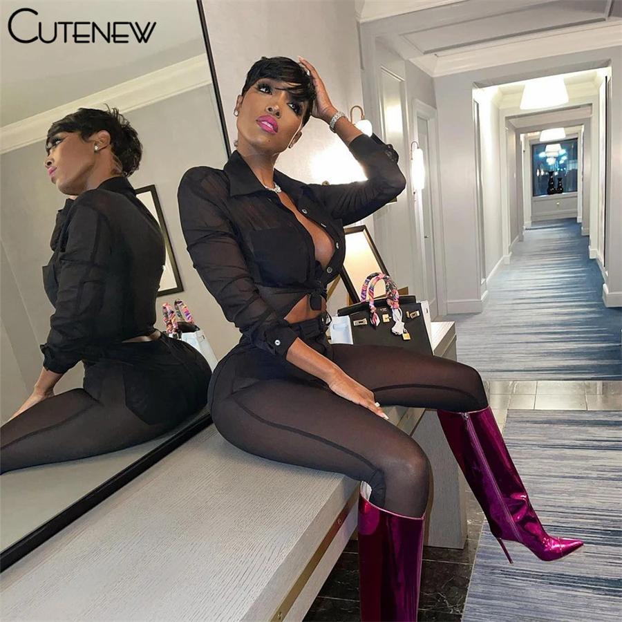 

Cutenew Y2K Mesh See Through Two Piece Women Outfit Turn Down Collar Long Sleeve Blouse+Skinny Pants Matching Lady Sexy Clubwear