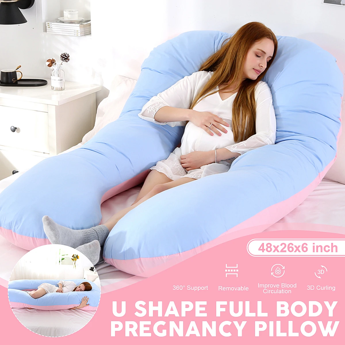 Almohada de apoyo para dormir para mujeres embarazadas, coj&iacute;n de algod&oacute;n puro de maternidad en forma de U para el cuerpo, ropa de cama para dormir de lado durante el embarazo-0
