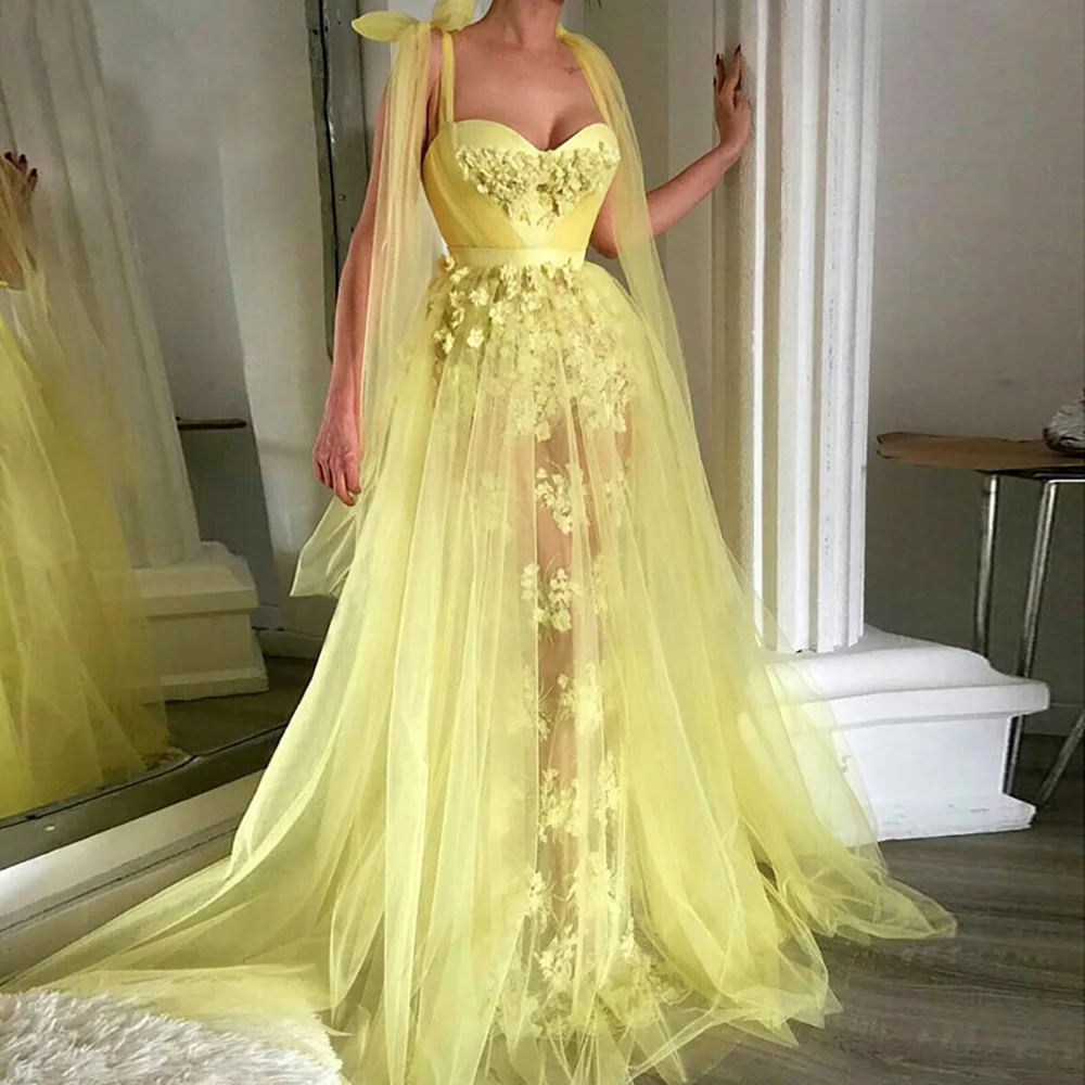 

Sweetheart Sleeveless Tulle Yellow 3D Floral Appliques Evening Dresses Custom A Line NONE Train New Prom Party Gown