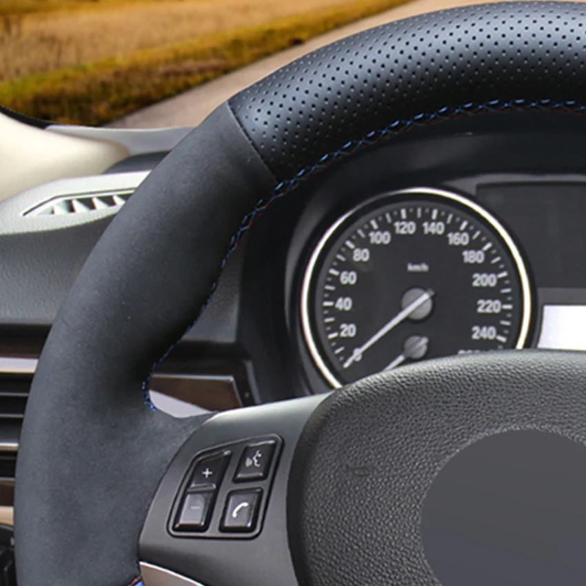 

LQTENLEO Car Steering Wheel Cover Black Genuine Leather Suede For BMW M Sport 1 Series E87 E81 E82 E88 120i 130i 120d X1 E84
