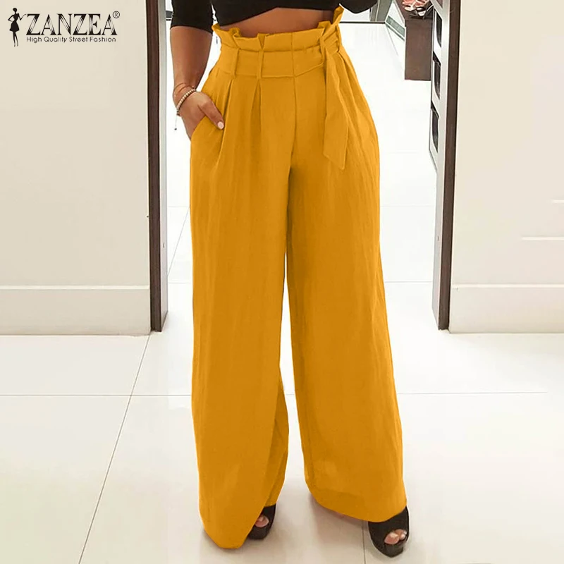 

Женские офисные брюки большого размера с широкими штанинами ZANZEA весна-осень, плиссированные бриджи, повседневные однотонные брюки палаццо ...