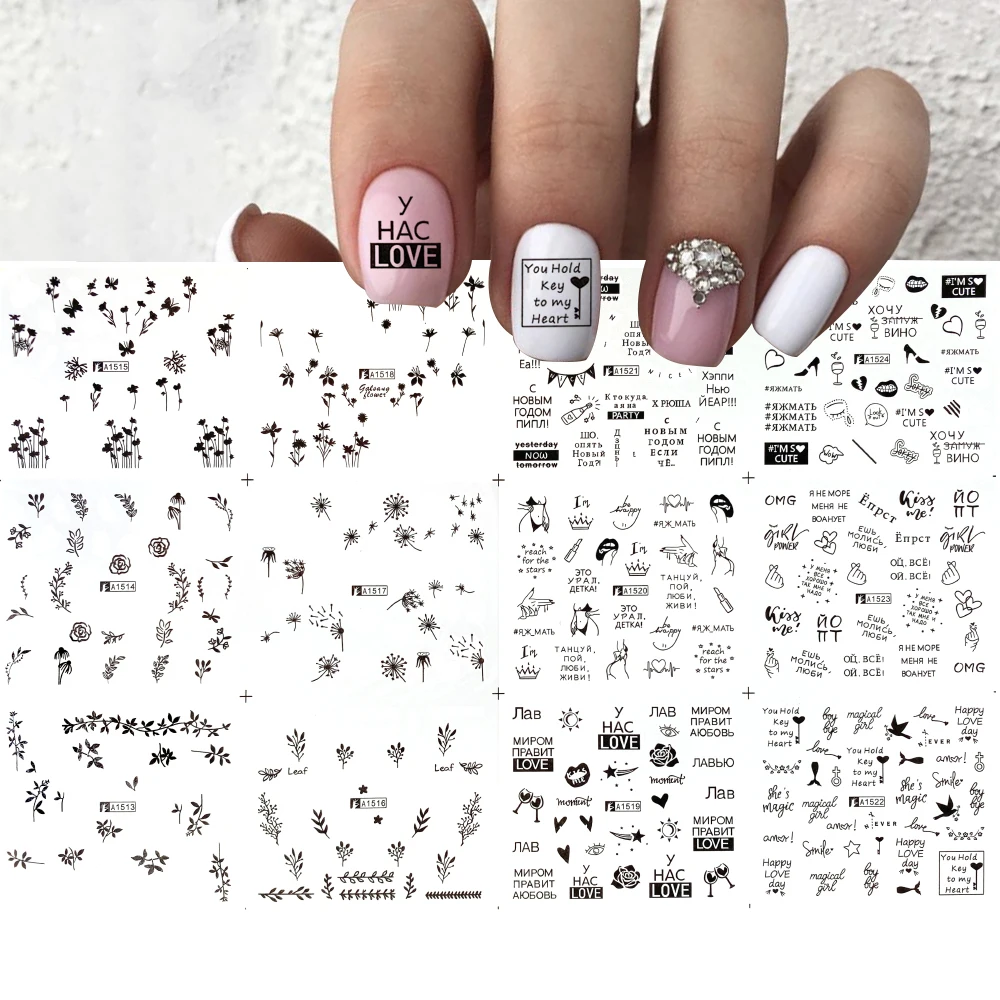 

12pcs/set Black White Russian Letter Nail Water Decals Lips Line Sexy Girl Vintage Water Transfer Sliders Watermark Decals new