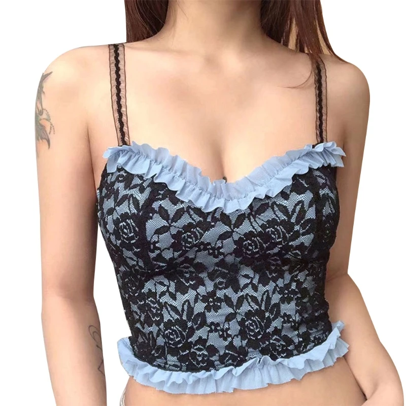 

M68C Women Summer Spaghetti Strap Crop Top Sexy Double Layer Floral Lace Ruffles Camisole Harajuku V-Neck Casual Slim Vest Shirt