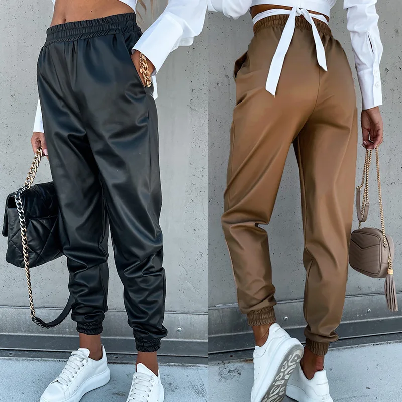 

High Waist Straight leg PU Leather Pants Thickened Loose Trousers Casual Black Harem Pants Fashion Loose Minimalist Trouser