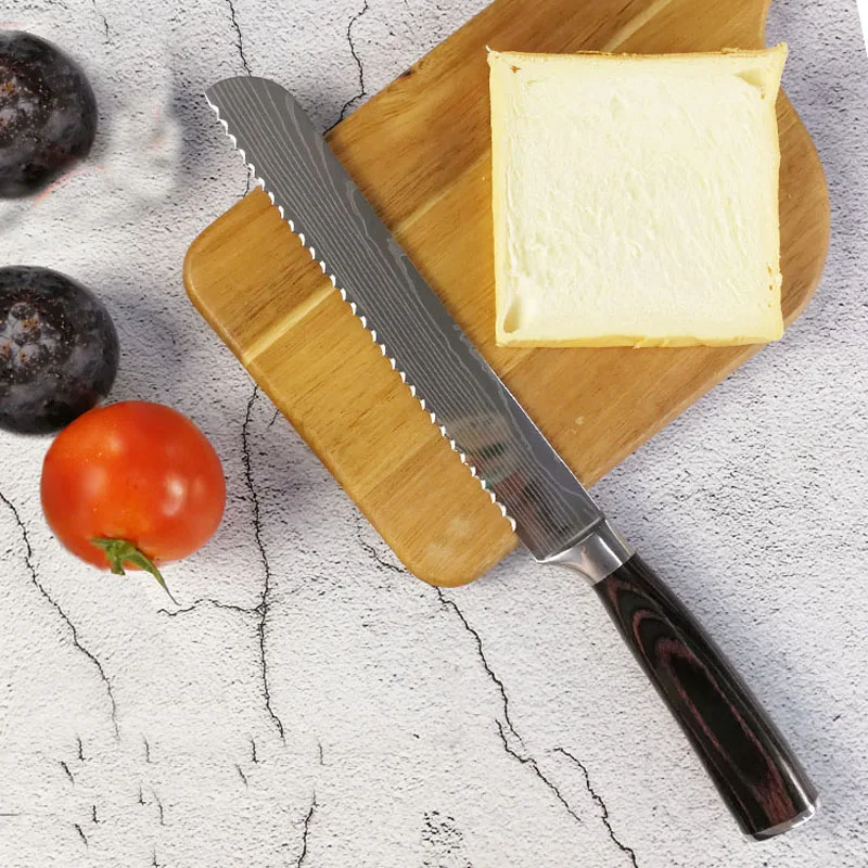 7CR17 кухонный хлебный нож зубчатый дизайн лазерная Дамасская нержавеющая сталь