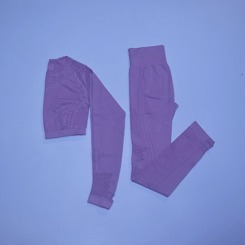 pink set Безупречный вязаный бесшовный комплект для йоги Женская одежда для фитнеса с длинным рукавом спортивная одежда леггинсы для спортзала полый укороченный топ 2 шт. спортивный костюм - Цвет: pink set