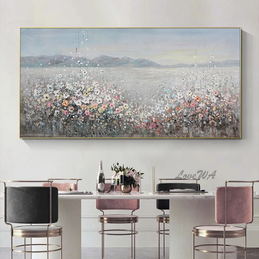 

Красивый Деревенский пейзаж ручной работы, картина маслом с маленькими цветущими цветами, Современный домашний декор, настенная живопись