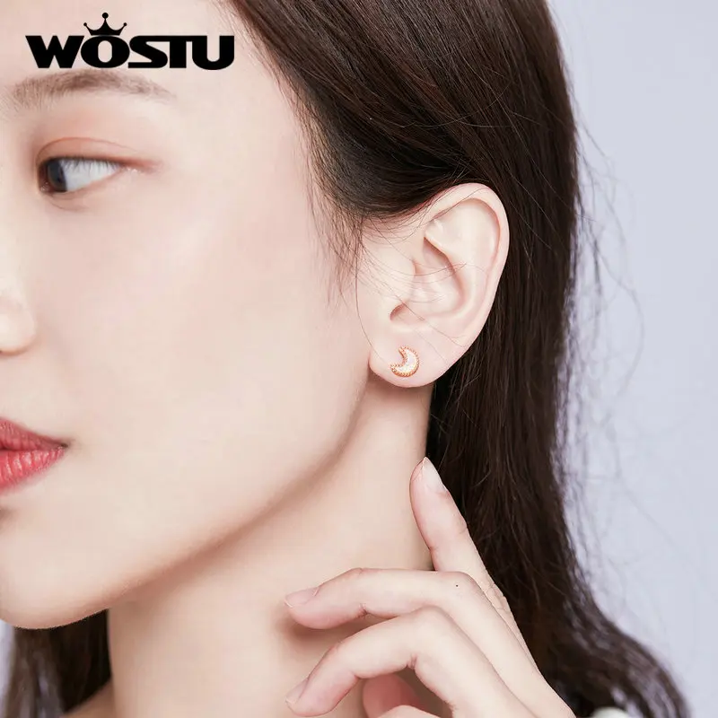WOSTU 100% 925 пробы серебряные звезда луна серьги гвоздики для женщин розовое золото
