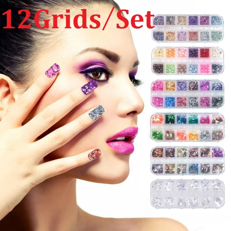 12 ячеек/комплектов 3D блестящие хлопья для ногтей смешанные зеркальные/русалки/сахарные круглые самодельные