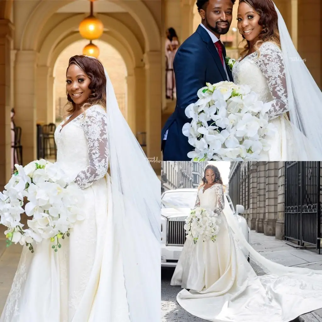 

African Nigerian Lace Appliqued A-line Wedding 2022 V Neck Long Sleeves Chapel Train Puus Size Bridal Gown