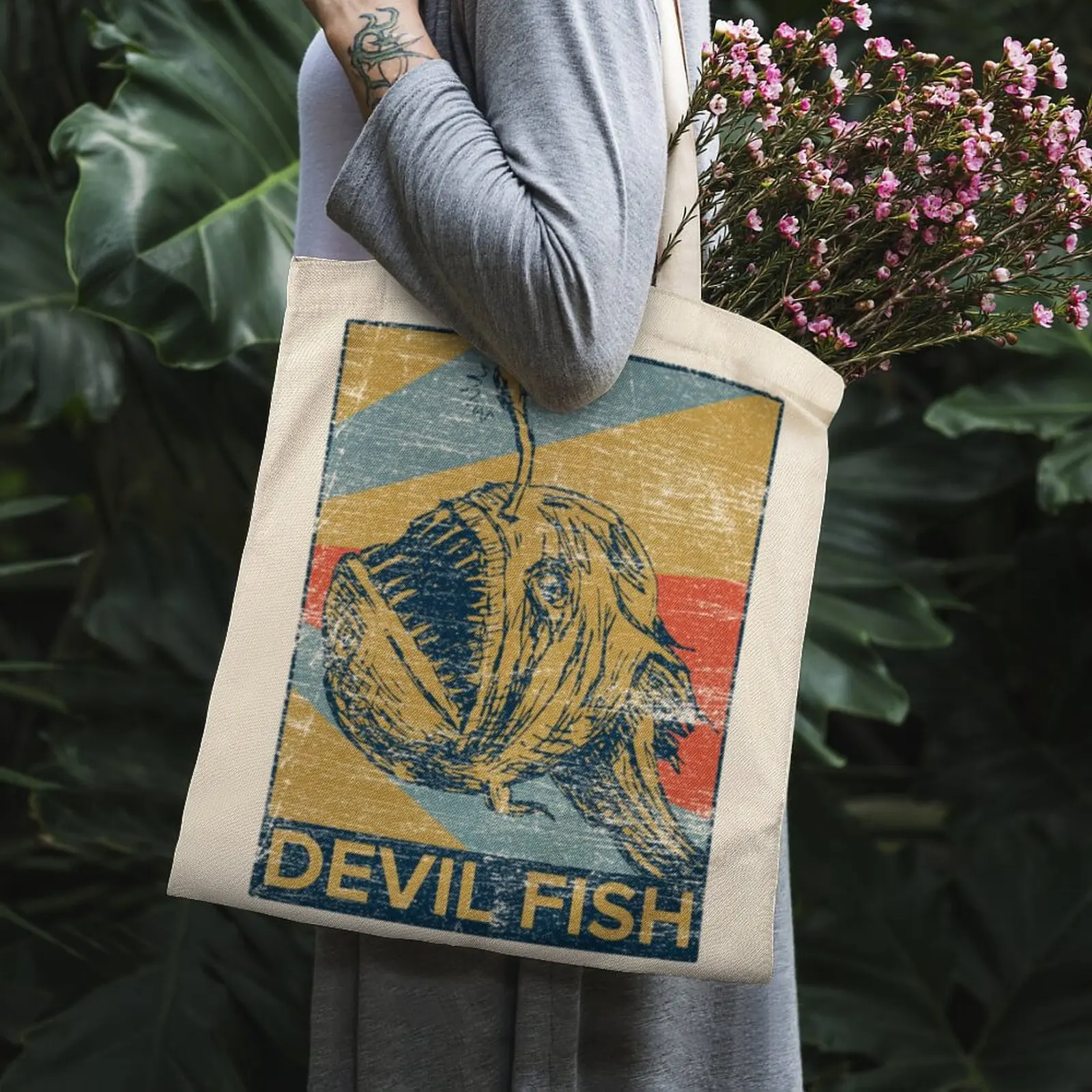 

Devil Fish Tote Bag White Shopper Bag Kawaii School Custom Logo