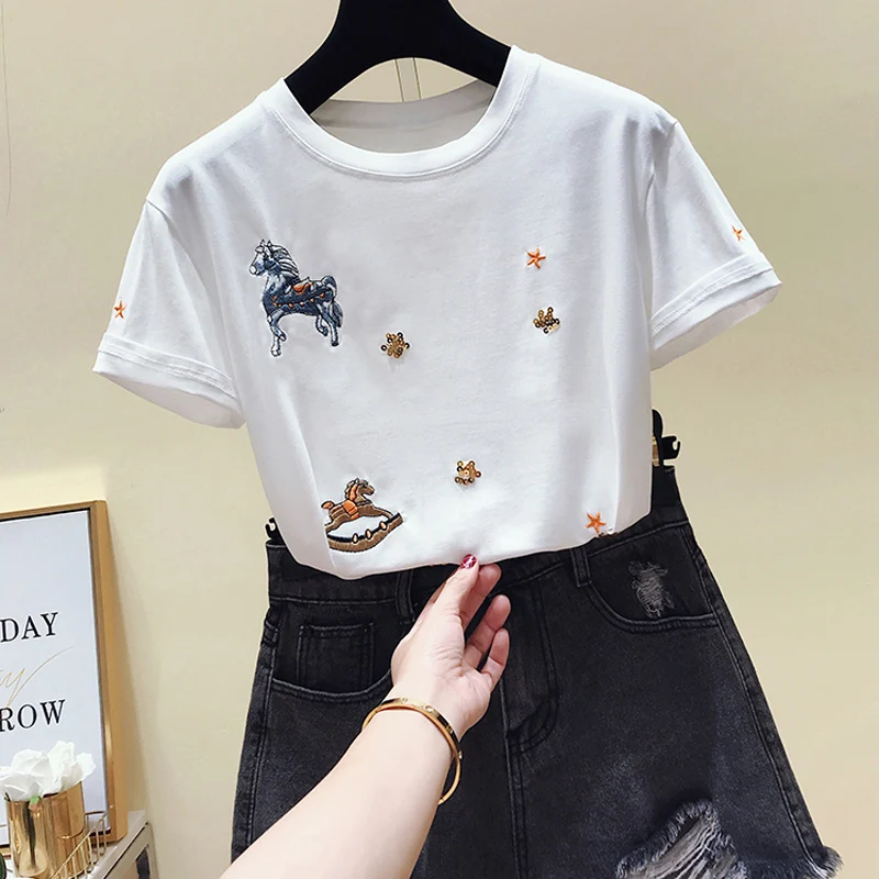 Plus Size Tshirt Women Large T-shirts New Summer Short-Sleeved College Wind Loose-Fit Crew Neck Tee Top | Женская одежда