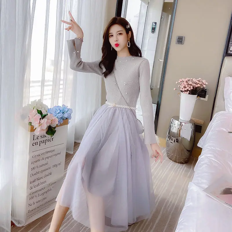 

Women's Spring Autumn Style Mesh Dress Women's Turtleneck Solid Color Long Sleeve Knitted Korean Elegant Dress AA3375