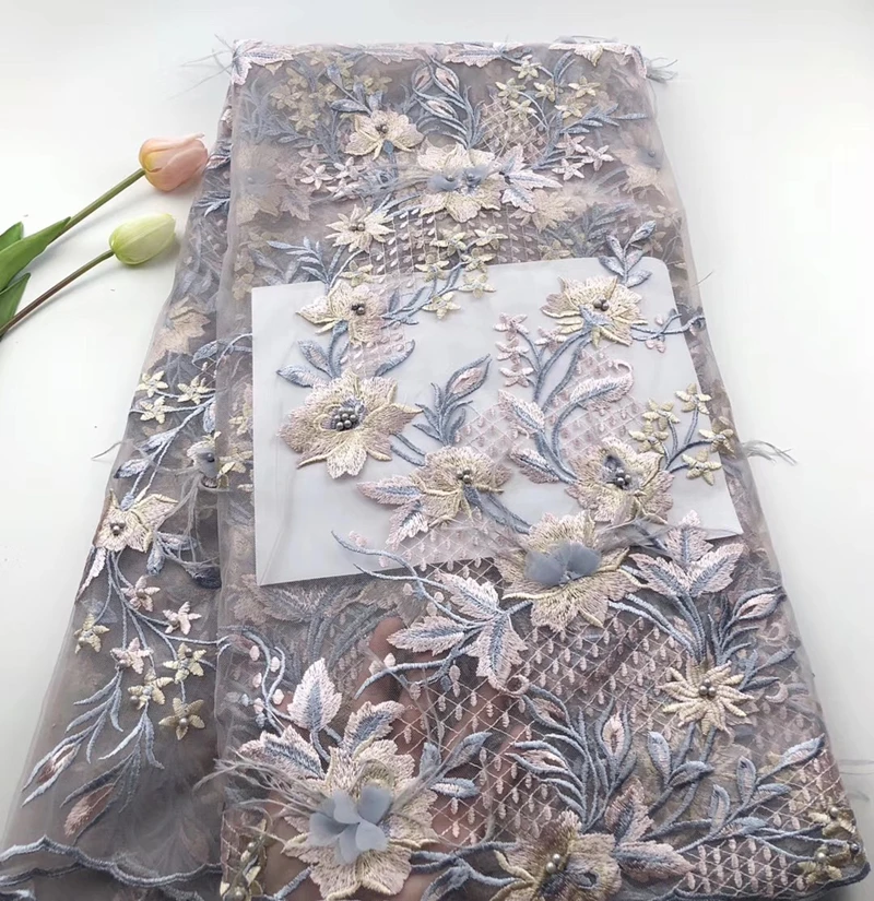 

New Africa Lace Fabric High Quality 3D applique Embroidery With beads Nigeria tulle Mesh Fabric Used for party dresses