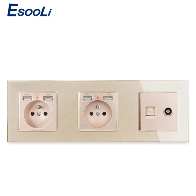 Двойная французская стандартная розетка со стеклянной панелью ESOOLI с 4 USB портами