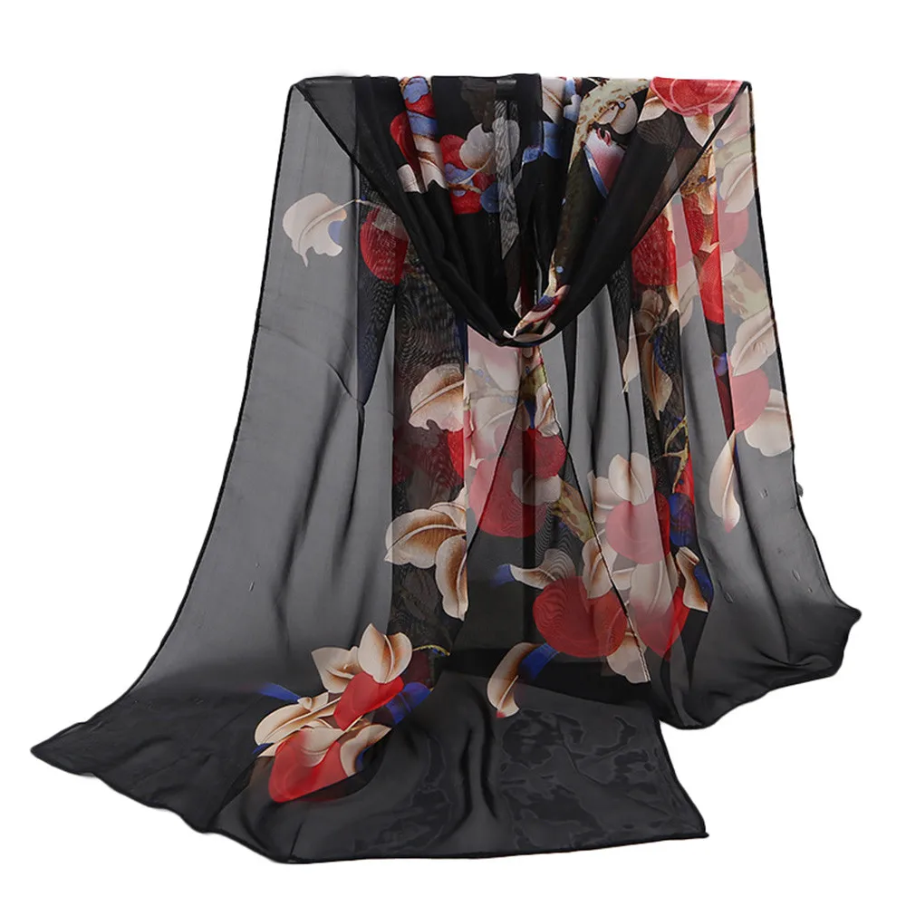 

New Chiffon Scarf Women Spring Summer Silk Scarves Thin Flower Shawls And Wraps Foulard Print Hijab Stoles Beach Towel Scarf