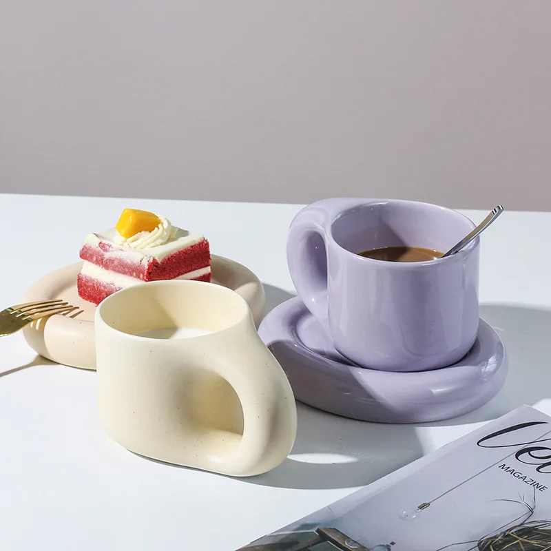 

260ml Creative Handmade Fat Handle Mug and Oval Plate Personalized Ceramic Cup Saucer For Coffee Tea Milk Cake Nordic Home Decor