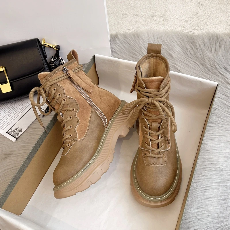 

Женские дизайнерские мотоциклетные ботинки, ботильоны на шнуровке, на молнии, на платформе и среднем каблуке, зимняя обувь, 2022