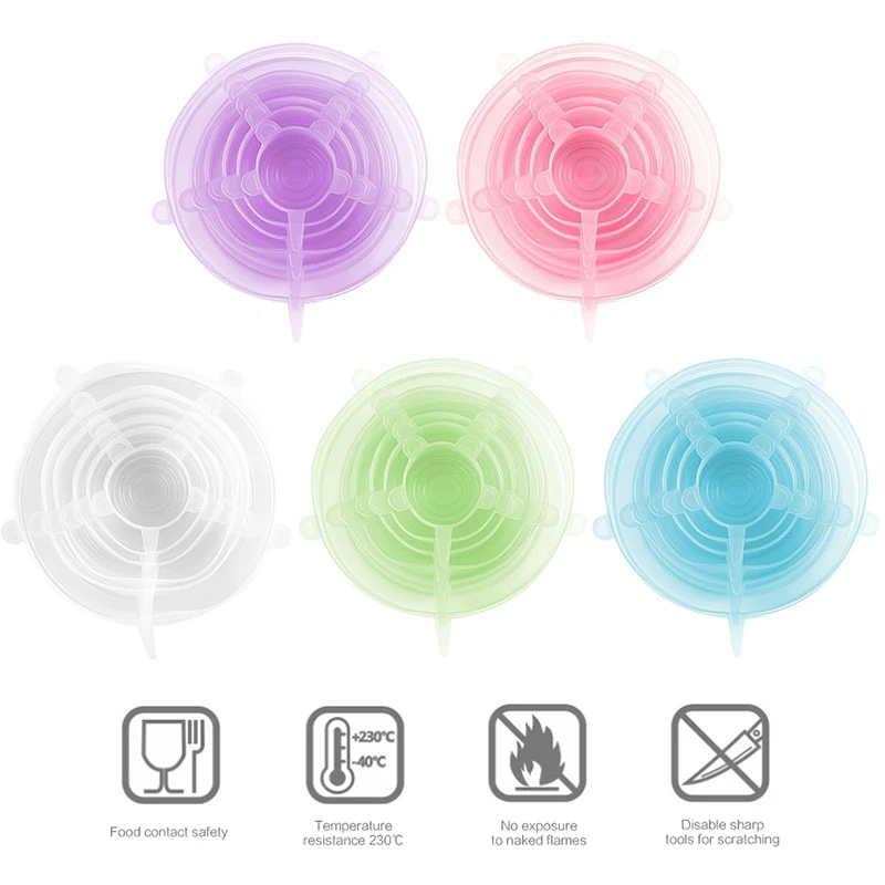 

6Pcs Food Grade Silicone Fresh-keeping Lids Reusable Cookware Pan Bowl Pot Round Seal Cover FDA Certified Portable Stretch Lids